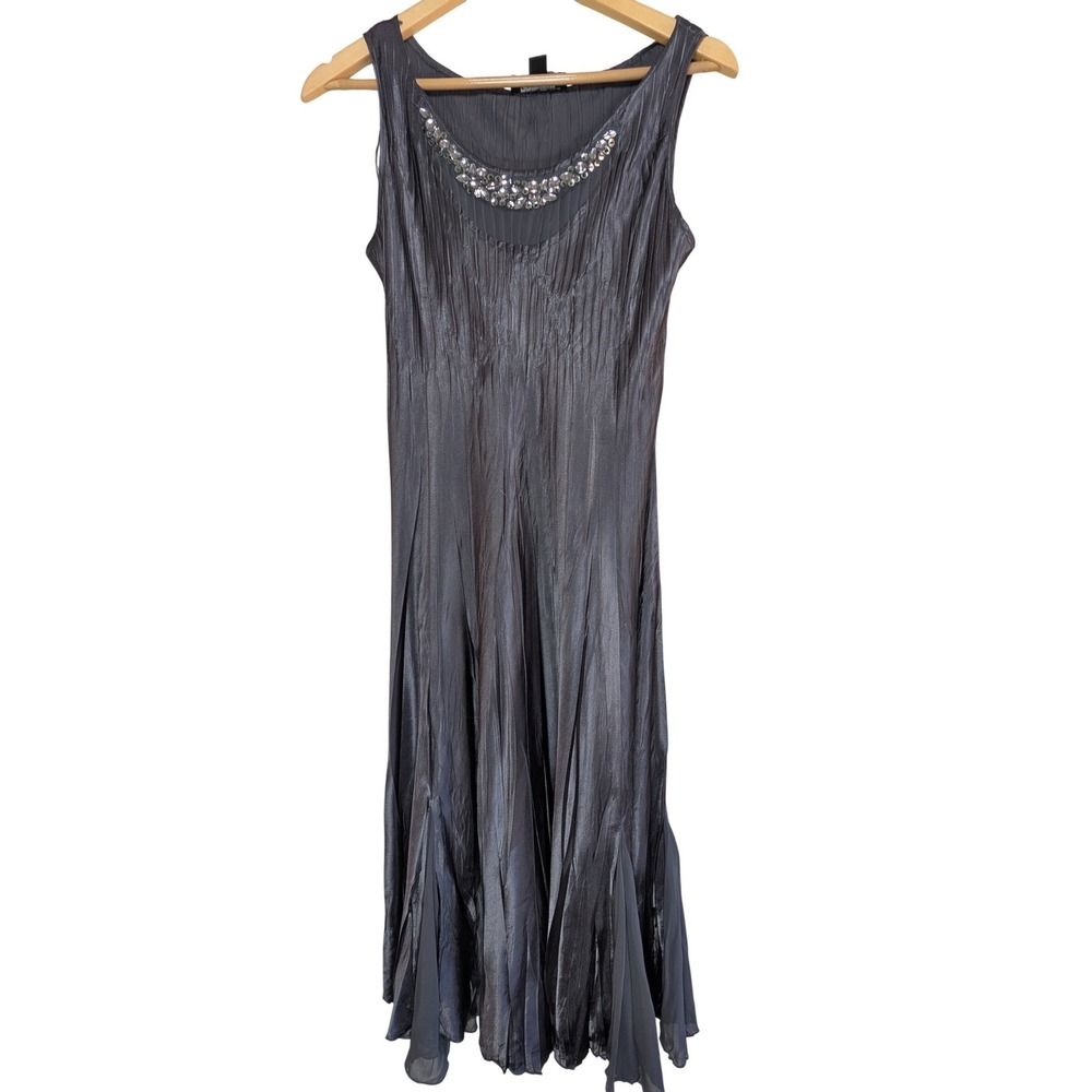 S.L. Fashions‎ Beaded Neck Pleated Maxi Dress Medium Charcoal Grey Godet Hem